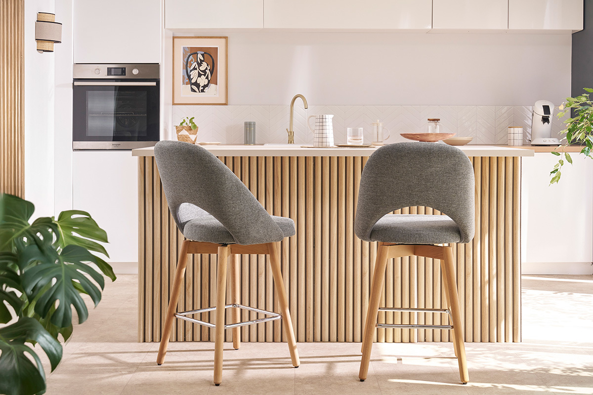 Tabourets de bar scandinaves tissu effet velours textur gris et hva massif 65 cm (lot de 2) COSETTE