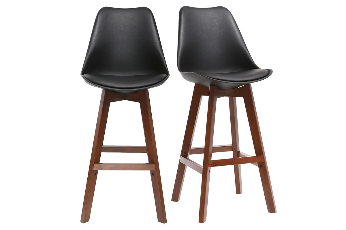 Tabourets de bar vintage noir et noyer H65 cm (lot de 2) PAULINE