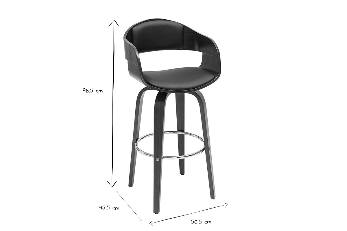 Dimensions du tabouret de bar vintage pivotant noir et blanc, hauteur 96,5 cm, largeur 50,5 cm.