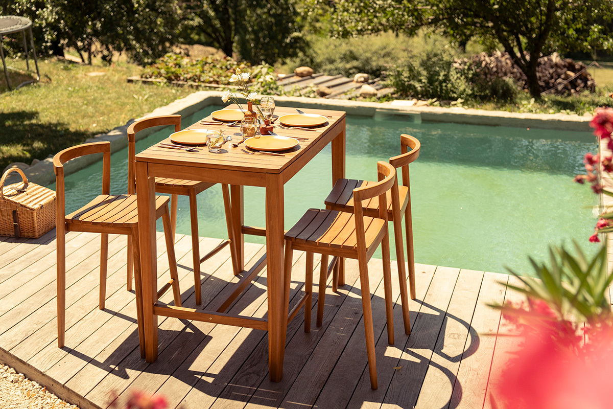 Tabourets de jardin empilables en bois teck massif H70 cm (lot de 2) OMBAK