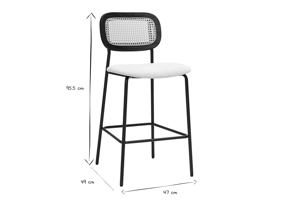 Tabourets design en tissu beige et mtal noir, dossier cannage, dimensions L47 x P49 x H95,5 cm, lot de 2