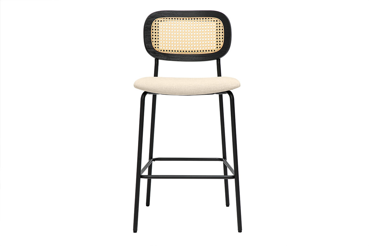 Tabourets design en tissu beige avec mtal noir et cannage rotin, lot de 2
