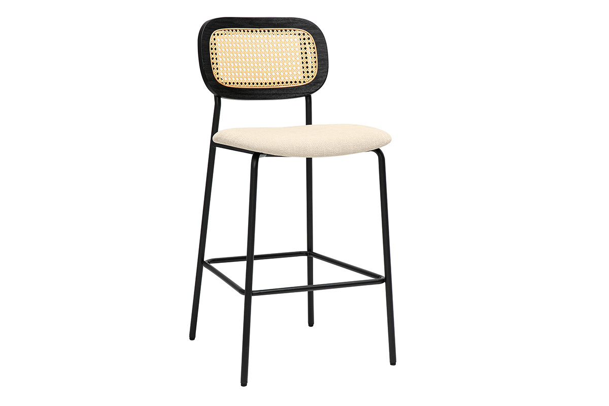 Tabourets en tissu effet velours beige et mtal noir, cannage rotin, lot de 2
