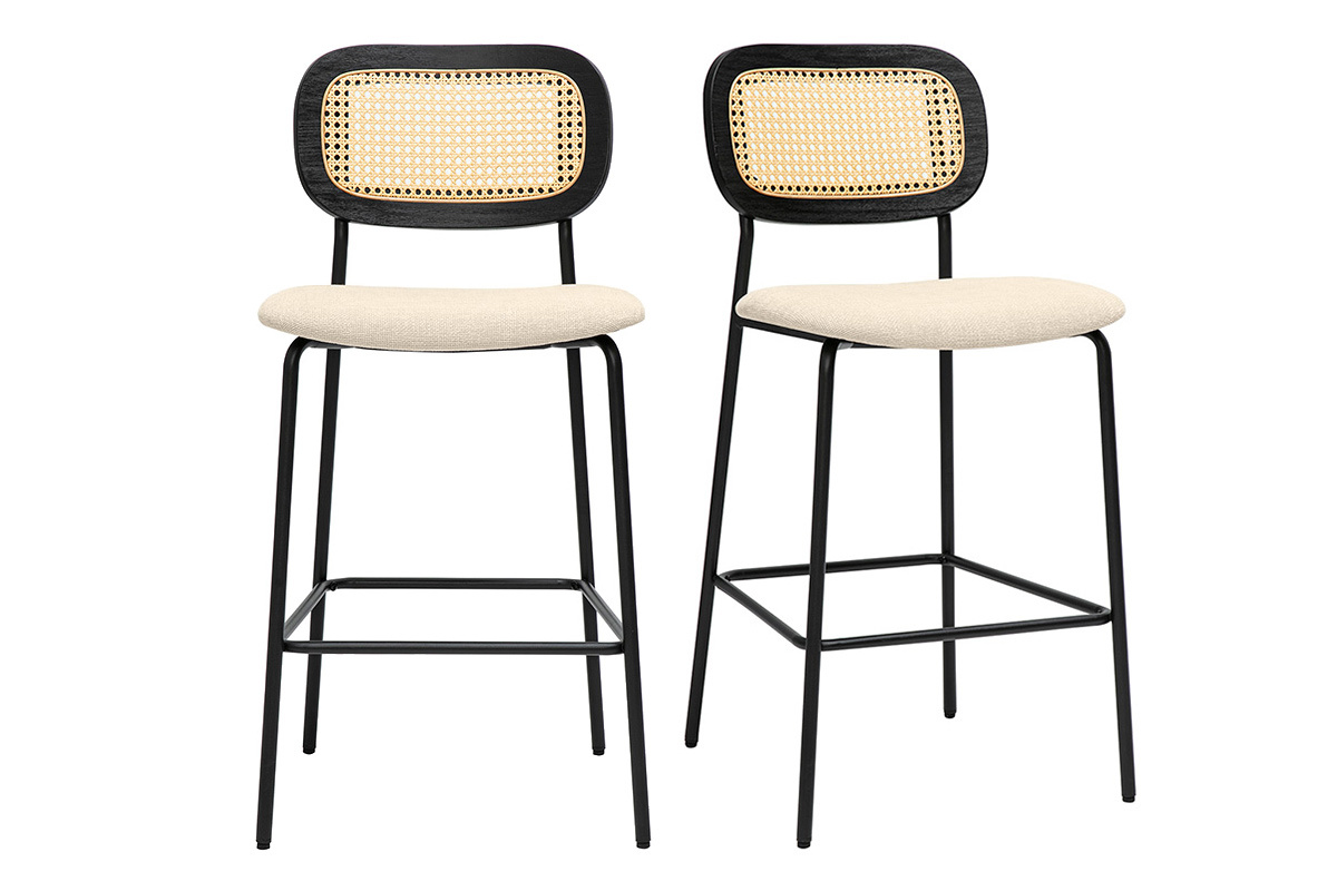 Tabourets en tissu beige effet velours et mtal noir avec cannage en rotin, vendus par lot de 2.