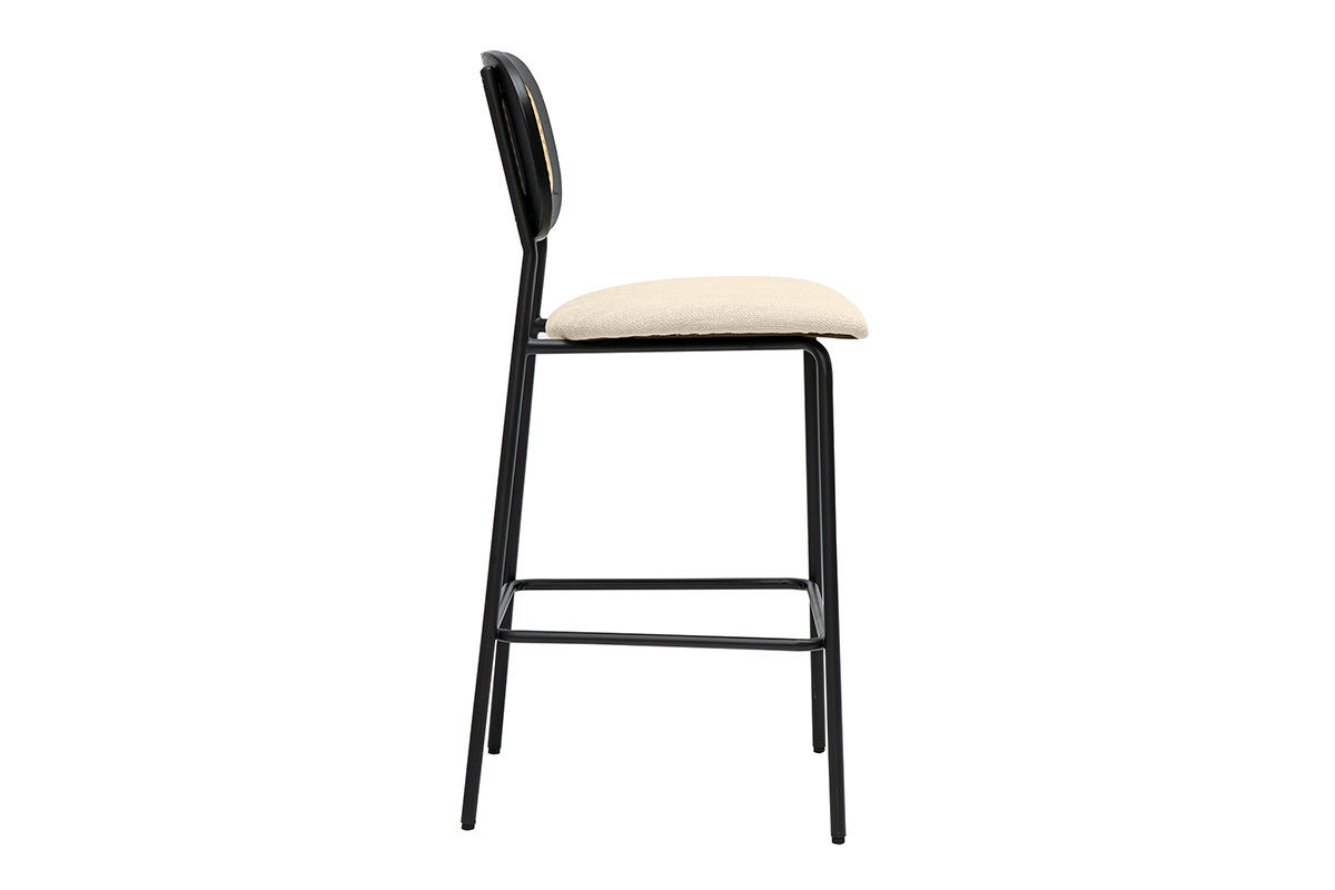 Tabourets MIRANDA en tissu velours beige, mtal noir, cannage rotin, lot de 2