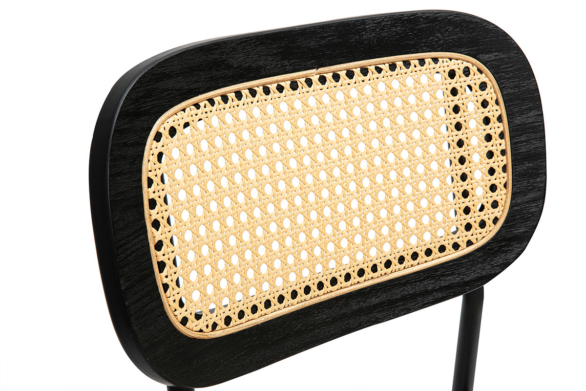 Tabourets design en tissu beige et mtal noir, dossier en cannage rotin, lot de 2.