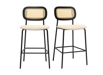 Tabourets design en tissu effet velours texturé beige, métal noir et cannage rotin (lot de 2) MIRANDA