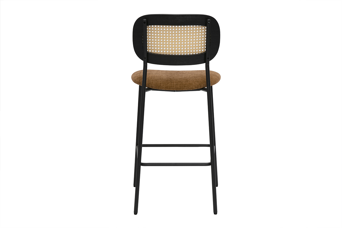 Tabourets design en tissu effet velours textur terre brule, mtal noir et cannage rotin (lot de 2) MIRANDA