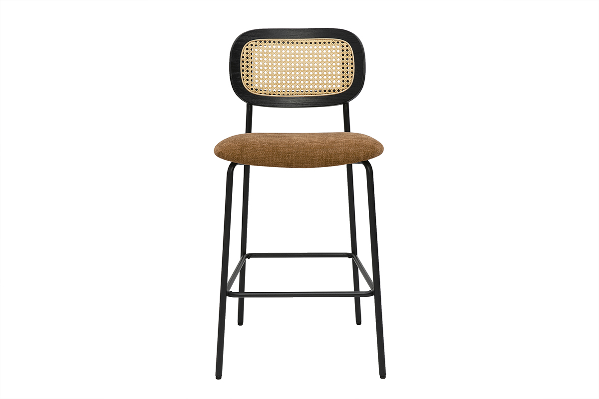 Tabourets design en tissu effet velours textur terre brule, mtal noir et cannage rotin (lot de 2) MIRANDA