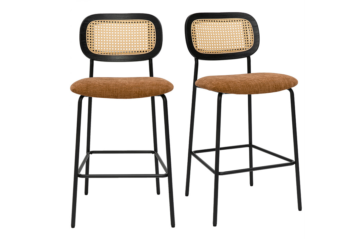 Tabourets design en tissu effet velours textur terre brule, mtal noir et cannage rotin (lot de 2) MIRANDA
