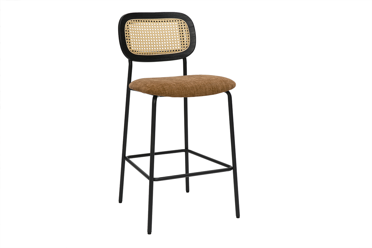 Tabourets design en tissu effet velours textur terre brule, mtal noir et cannage rotin (lot de 2) MIRANDA