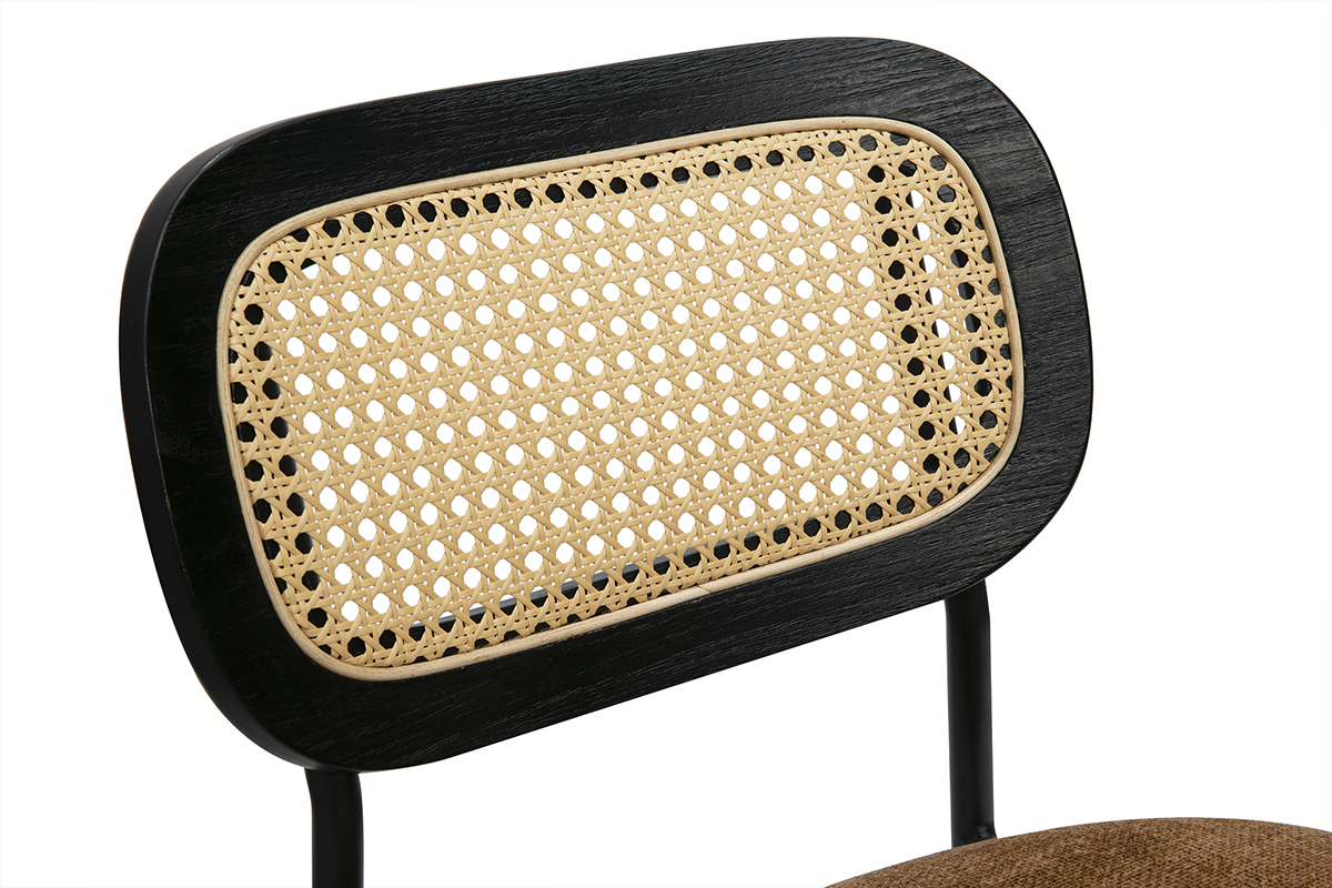 Tabourets design en tissu effet velours textur terre brule, mtal noir et cannage rotin (lot de 2) MIRANDA