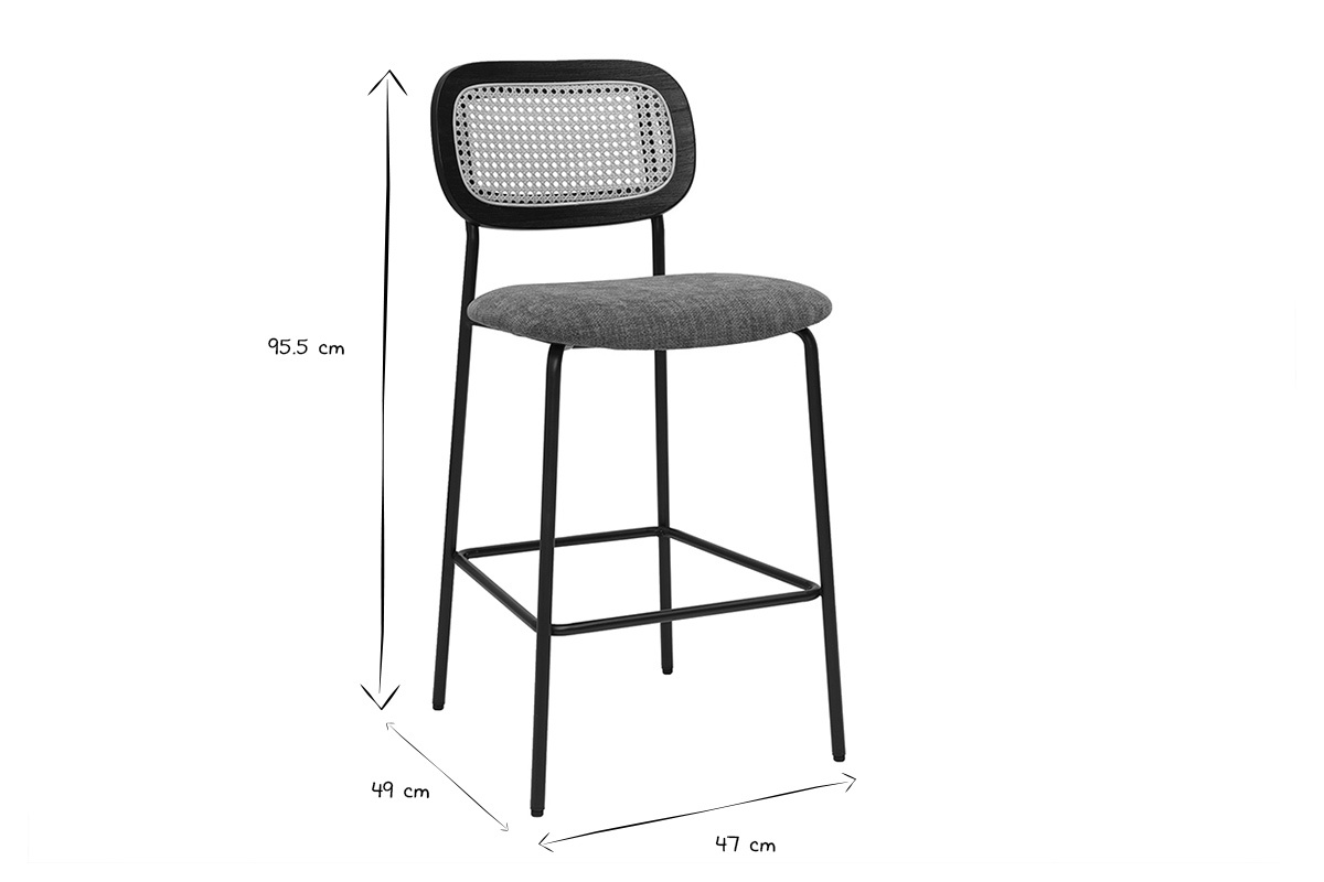 Tabourets design en tissu effet velours textur terre brule, mtal noir et cannage rotin (lot de 2) MIRANDA