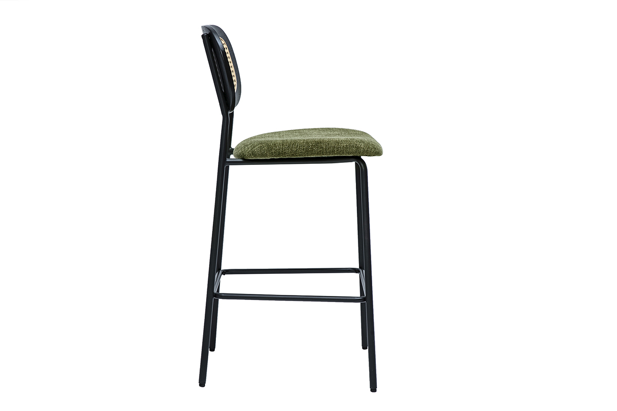 Tabourets en tissu effet velours vert kaki, mtal noir, cannage rotin, lot de 2