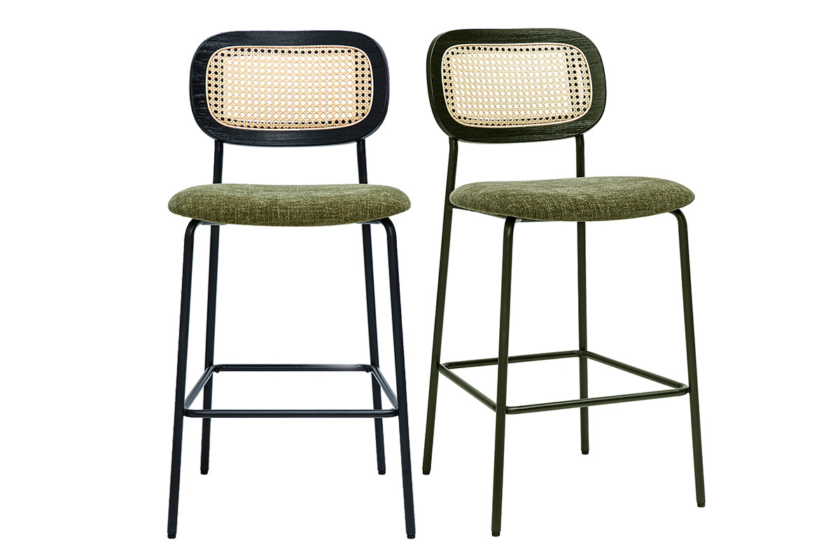Tabourets design kaki velours avec cannage rotin et mtal noir, lot de 2