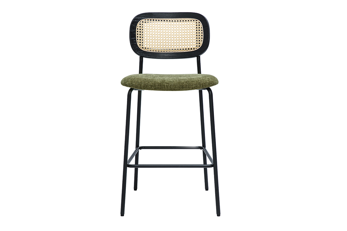 Tabourets design en tissu vert kaki, mtal noir et cannage rotin, lot de 2.