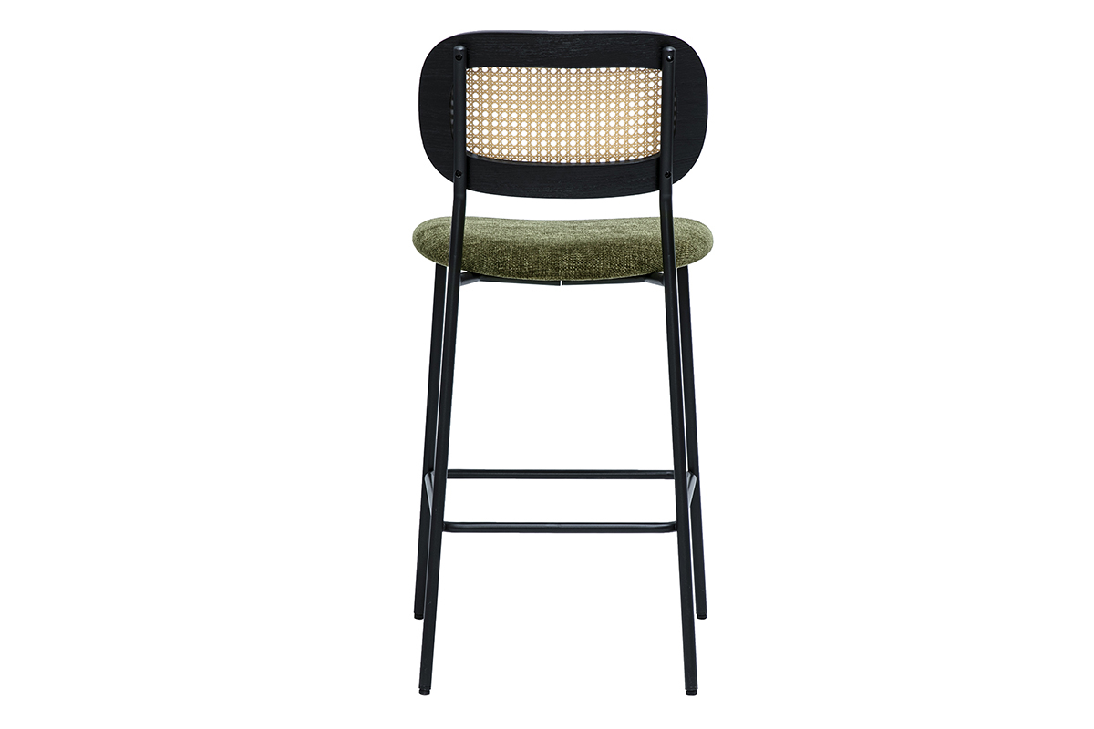 Tabourets design en tissu vert kaki et mtal noir avec dossier en cannage rotin, vendus par lot de 2.