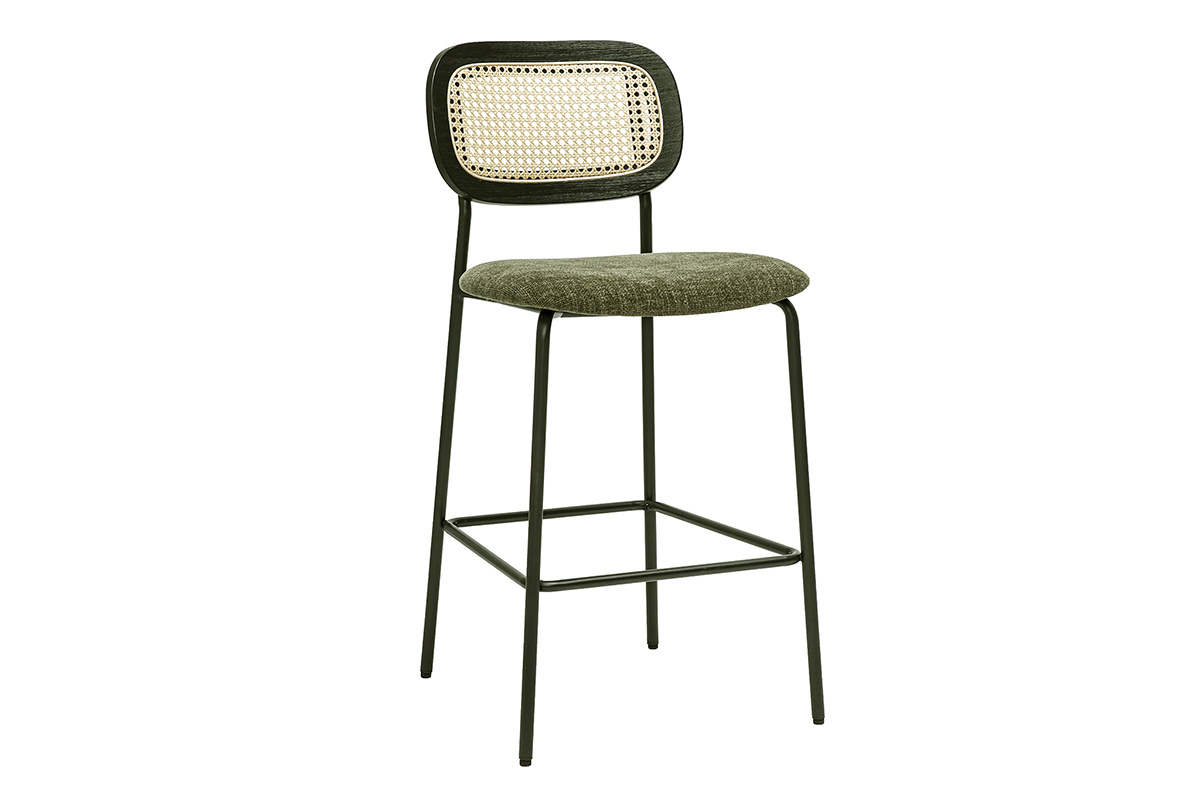 Tabourets en tissu vert kaki effet velours et cannage rotin avec pied mtal noir, lot de 2, modle MIRANDA.