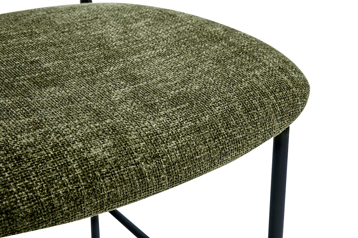 Tabourets en tissu effet velours vert kaki, mtal noir et cannage rotin