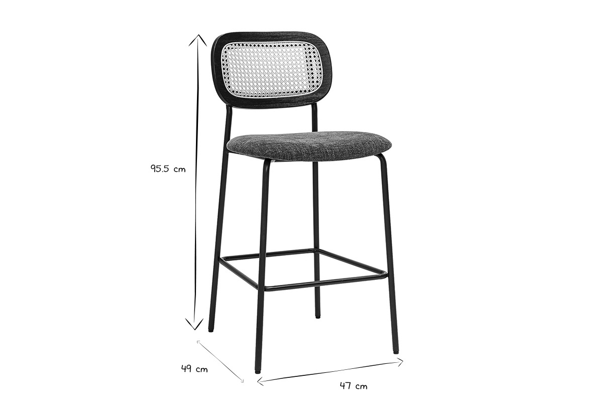 Tabourets verts kaki en tissu effet velours avec dossier cannage rotin, pieds mtal noir, dimensions L47 x P49 x H95,5 cm.