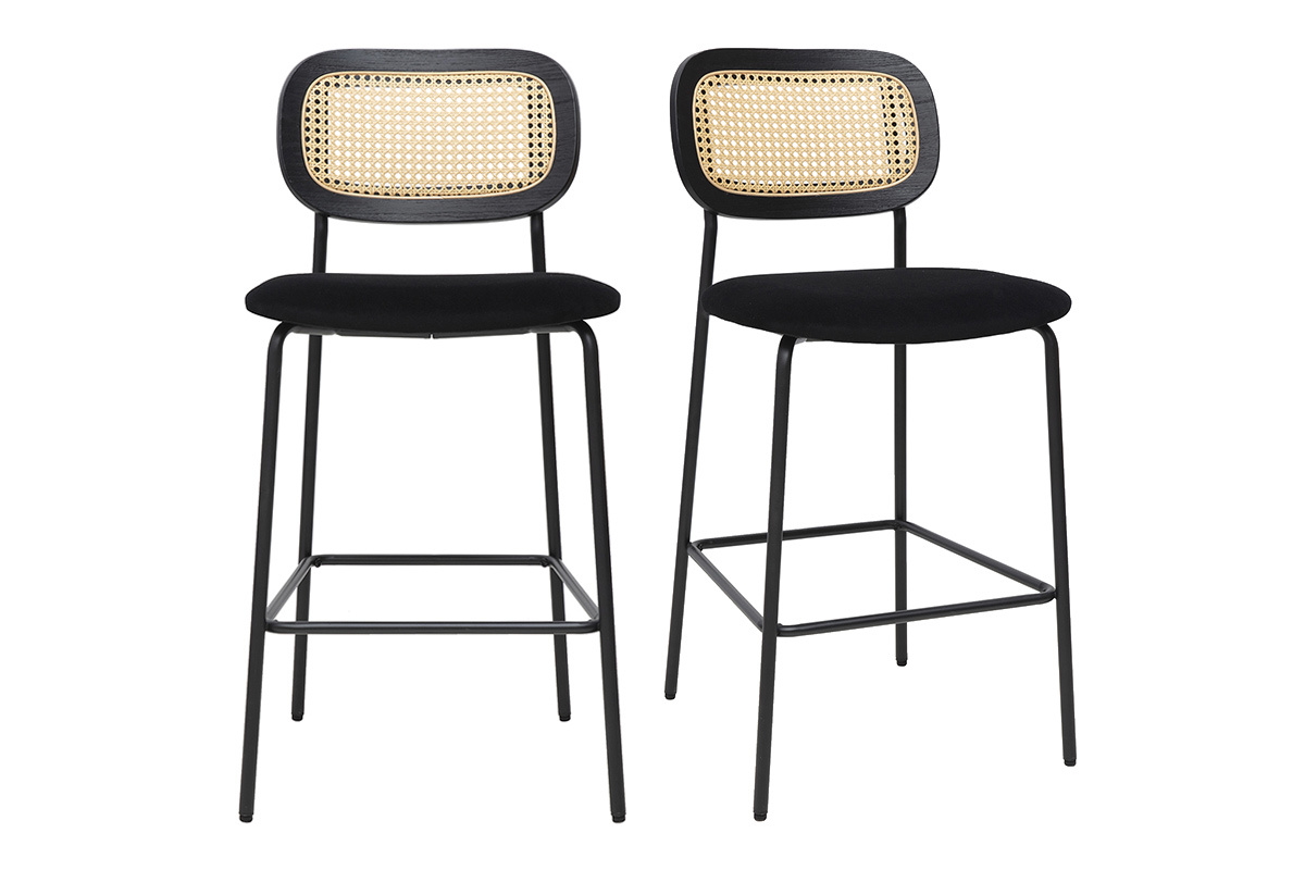 Tabourets en velours noir et cannage rotin avec structure en mtal noir, lot de 2