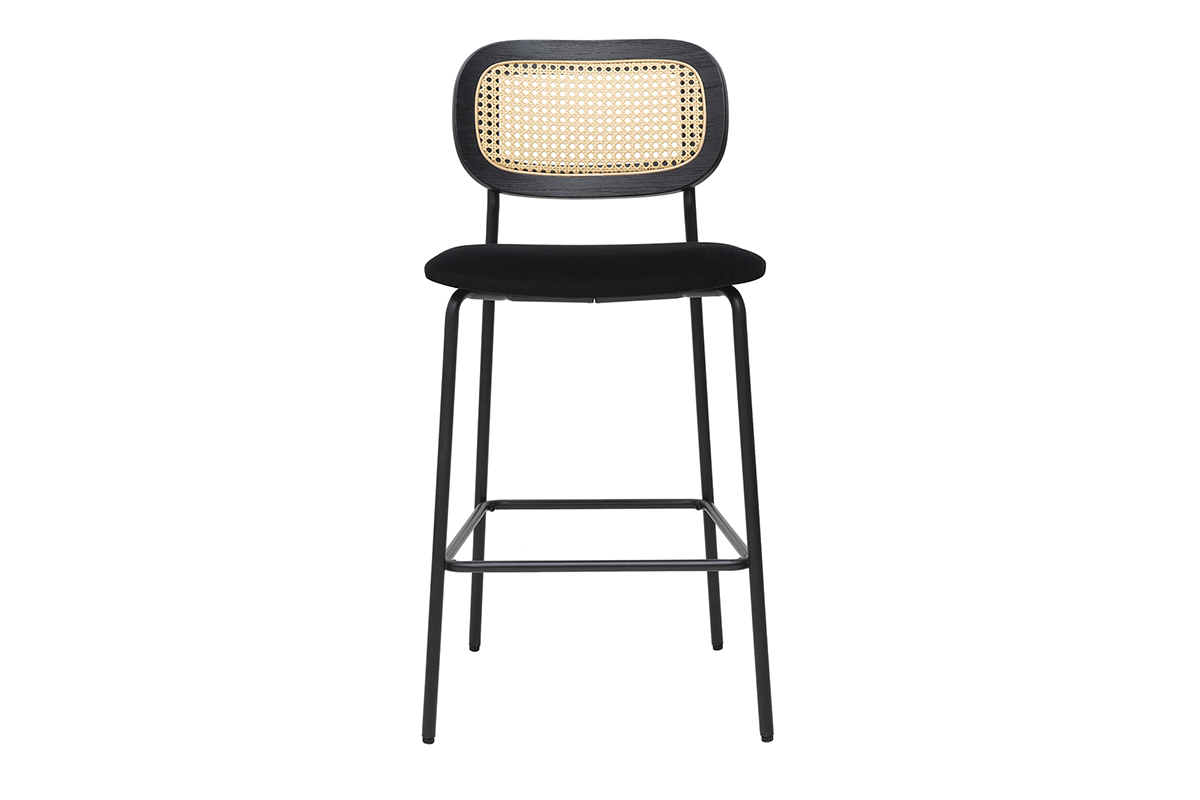 Tabourets design en velours noir et mtal avec dossier en cannage rotin, lot de 2