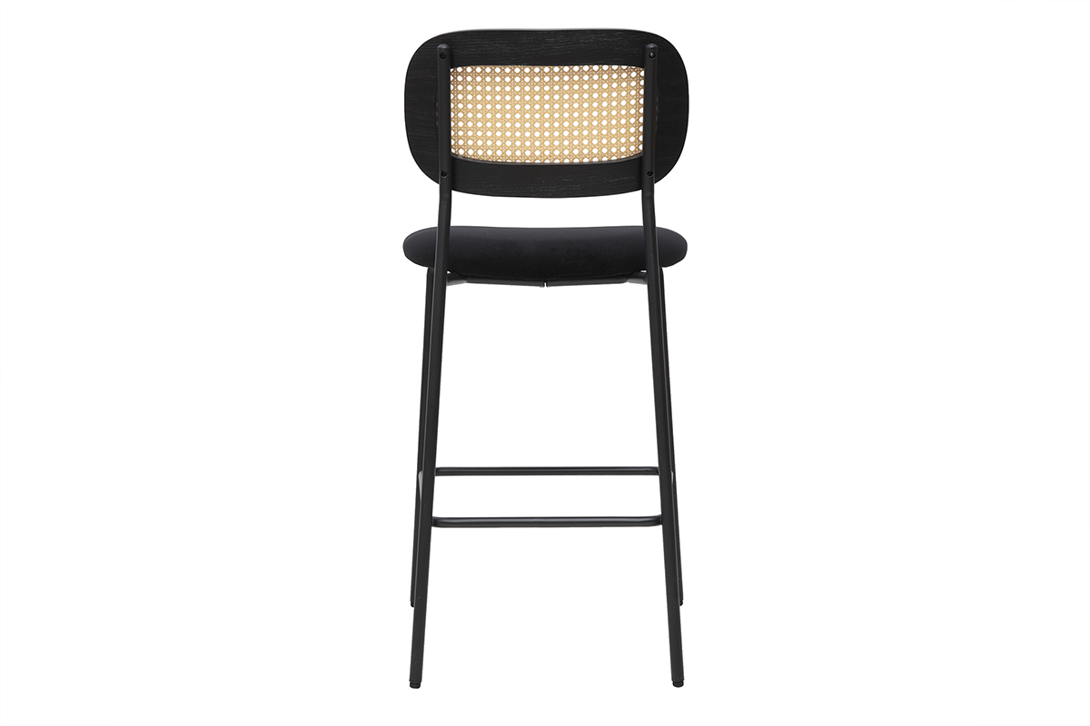 Lot de 2 tabourets design en velours noir et mtal noir avec dossier en cannage rotin, modle MIRANDA.