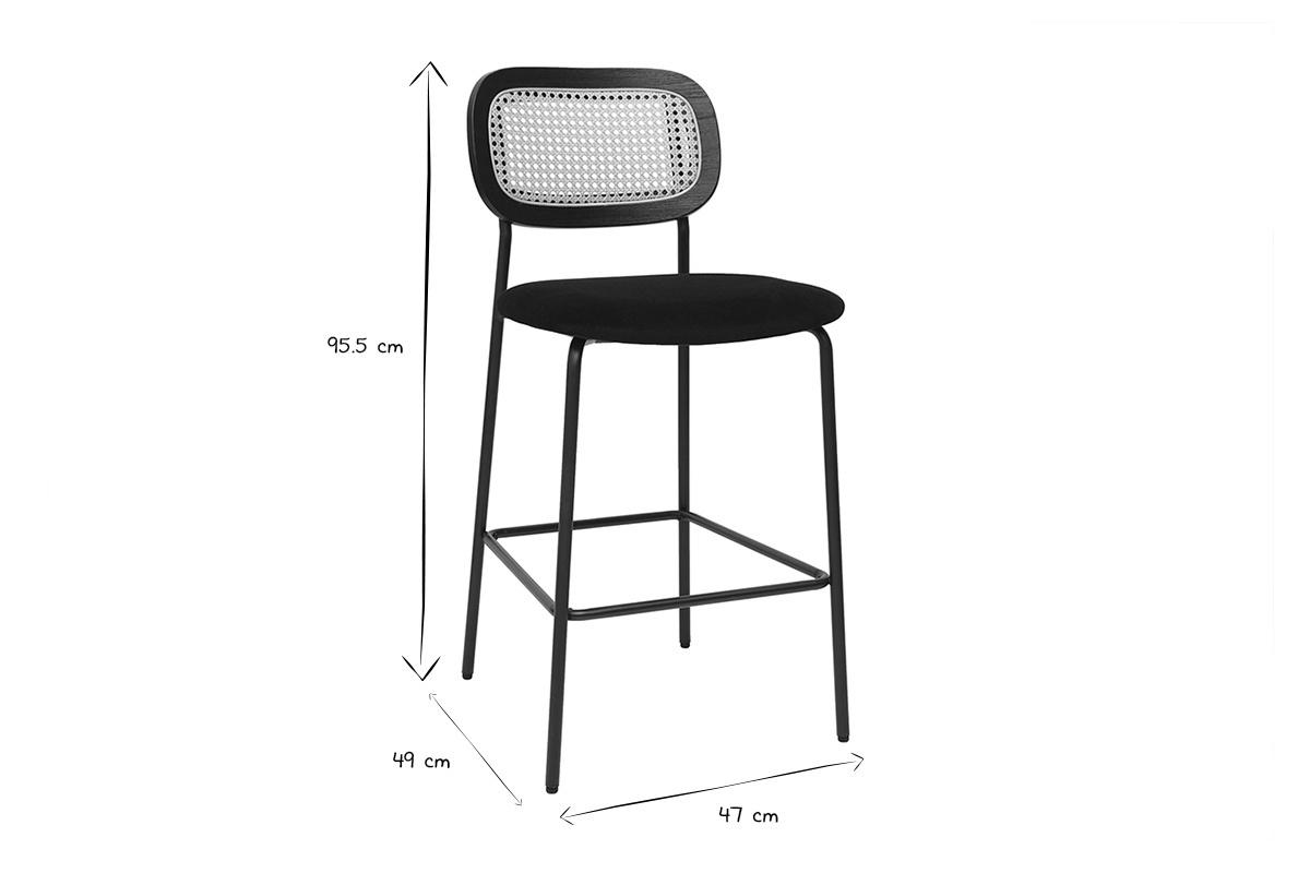 Dimensions du tabouret design en velours noir et mtal, avec dossier en cannage rotin, modle MIRANDA