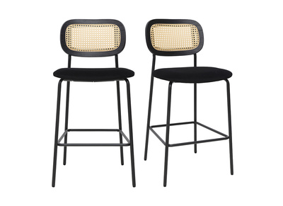 Tabourets design en velours noir, métal noir et cannage rotin (lot de 2) MIRANDA