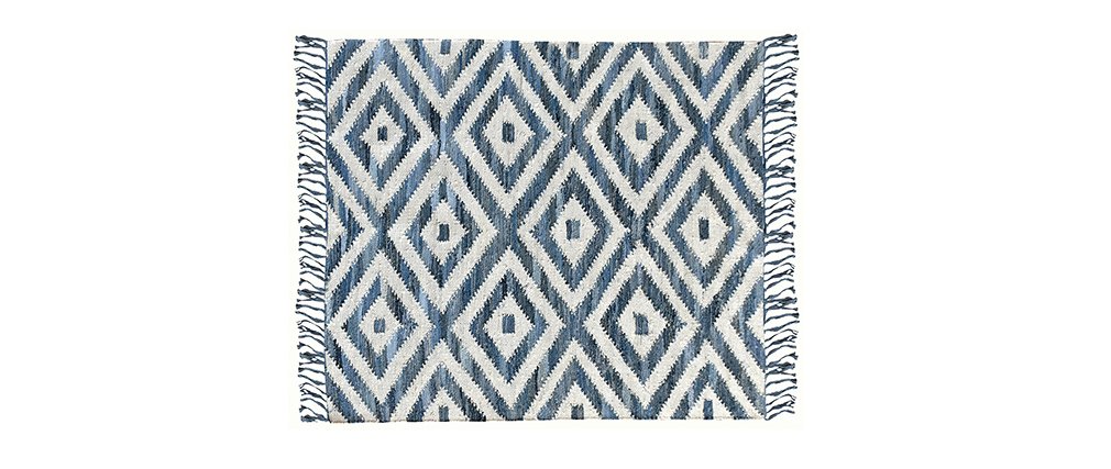 Tapis ethnique en coton bleu et blanc 160 x 230 cm ACANTE