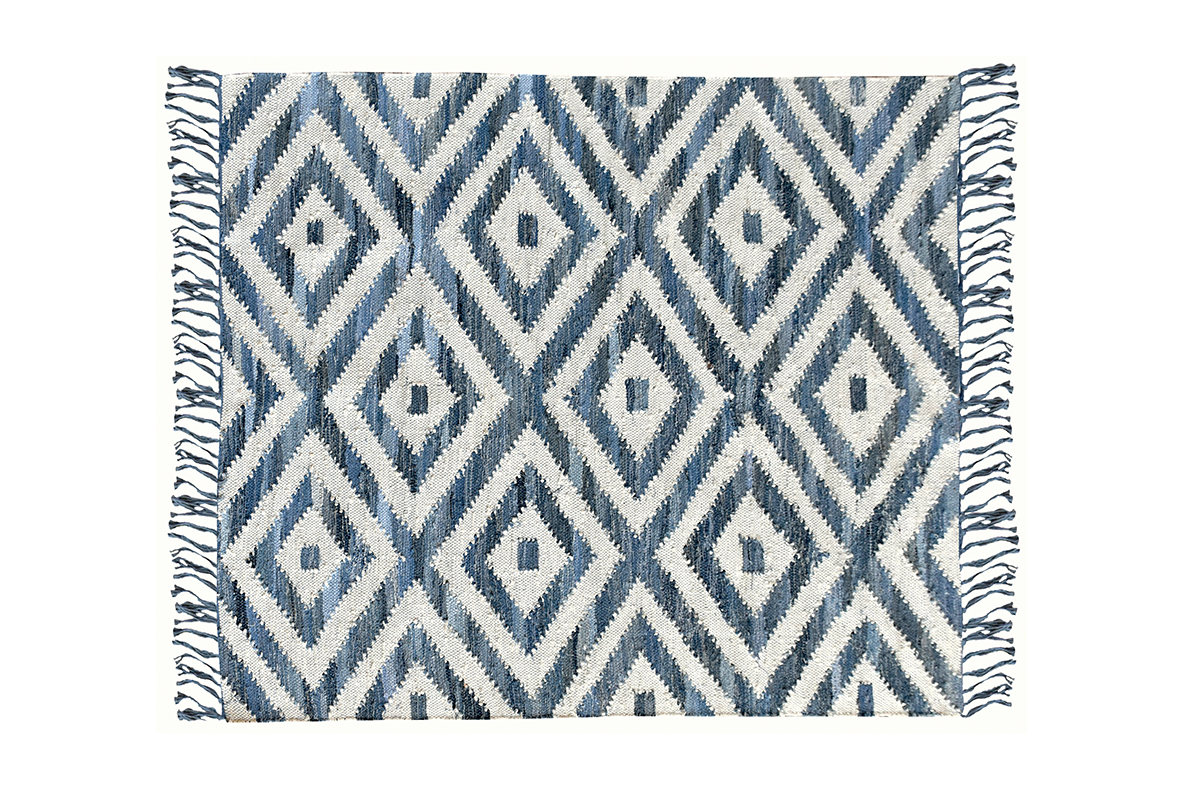 Tapis ethnique en coton bleu et blanc 160 x 230 cm ACANTE
