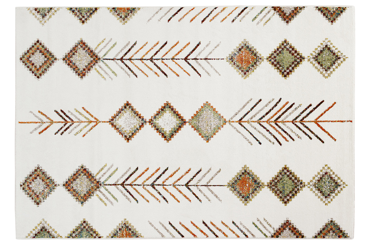 Tapis rectangulaire � motifs berb�res multicolores, fond �cru, losanges et fl�ches, 160 x 230 cm.