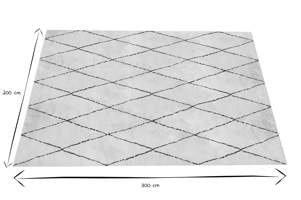 Tapis rectangulaire � motifs losanges noirs, dimensions 200 x 300 cm, en noir et blanc, vue de dessus.