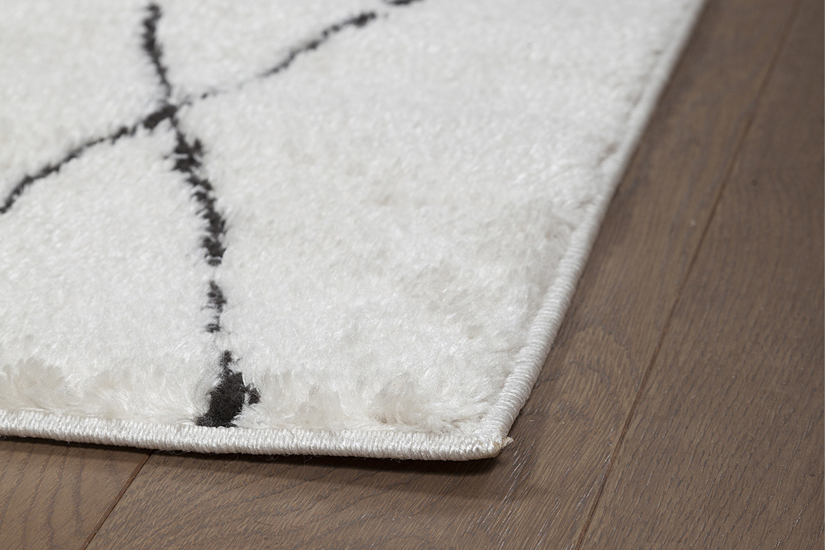 D�tail d'un tapis blanc cass� avec motifs losanges noirs, vue en gros plan sur le sol.