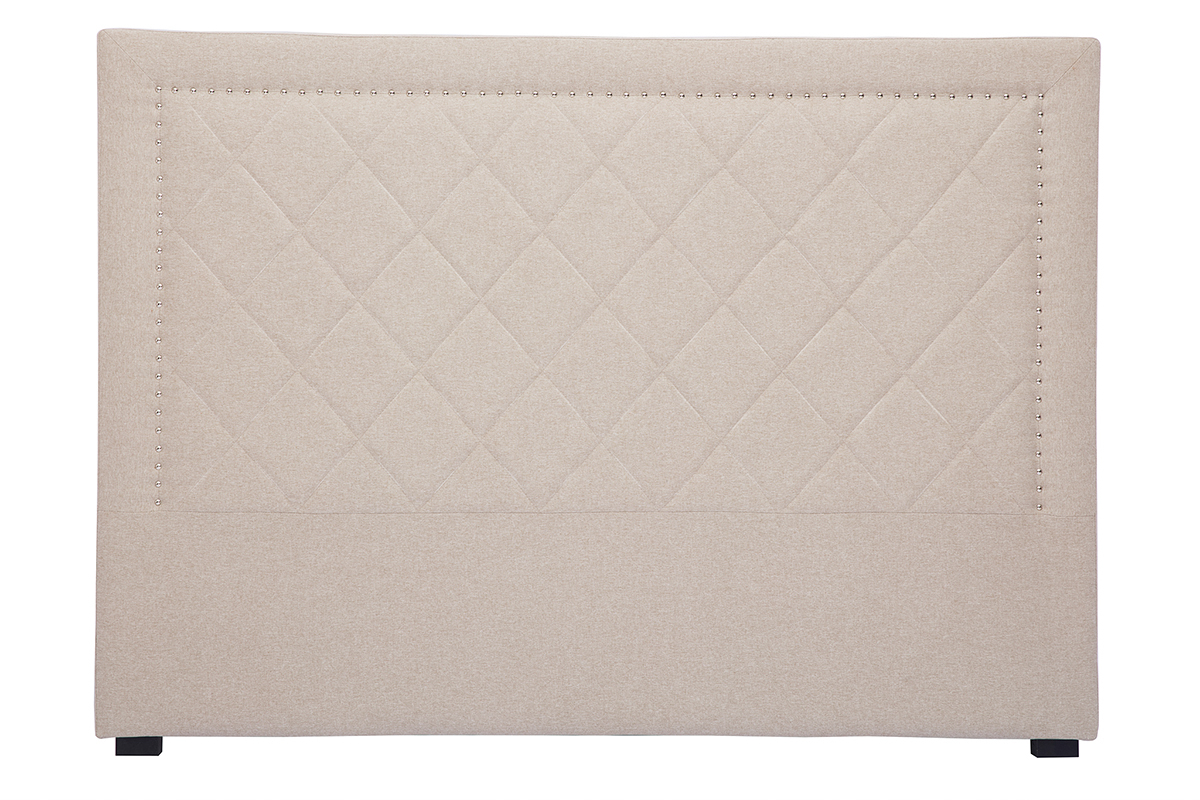 T�te de lit capitonn�e et clout�e en tissu beige 160cm ESMEE
