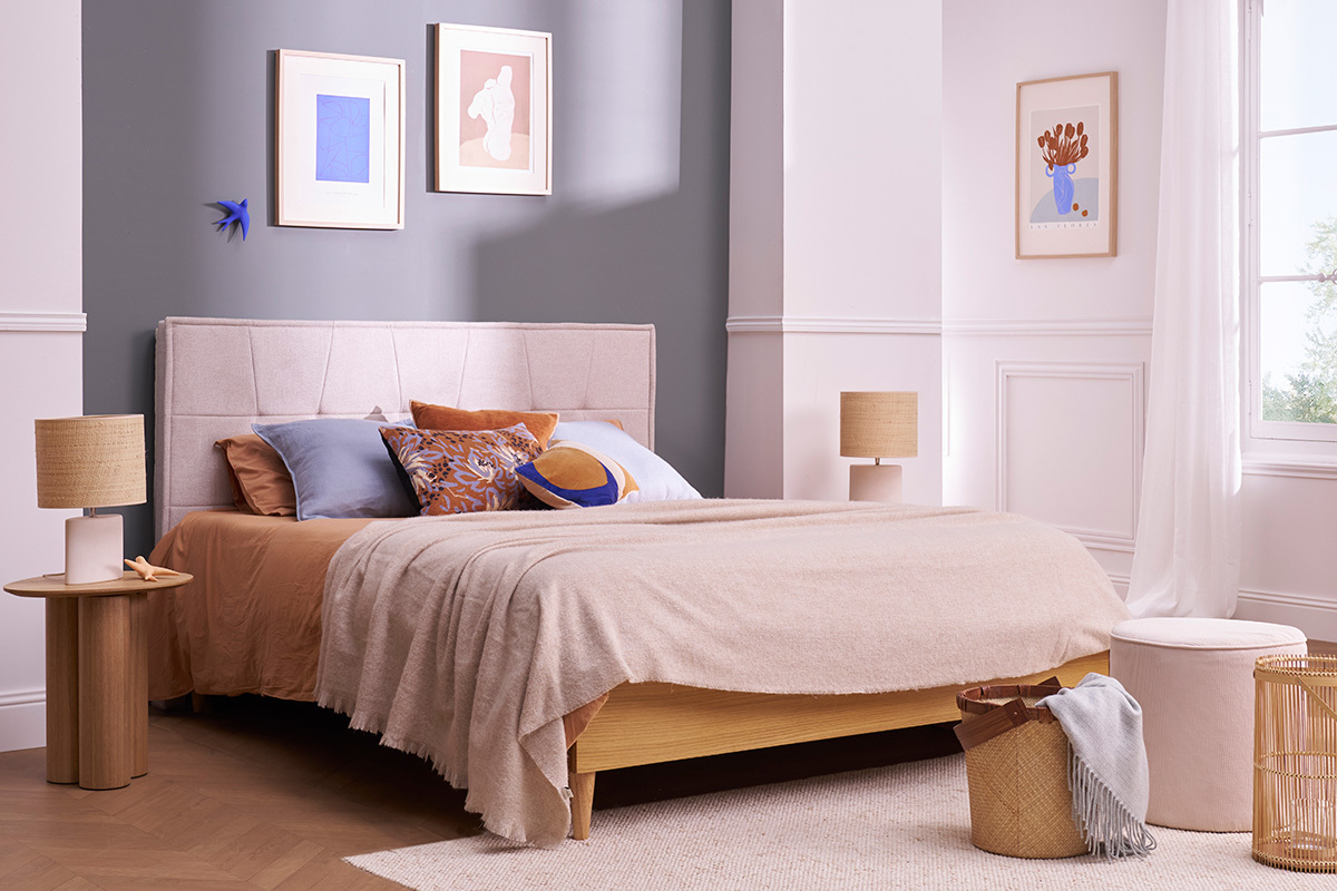 Tte de lit en tissu effet velours textur beige L170 cm SUKA