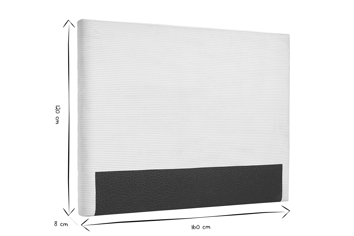 Dimensions de la tte de lit en velours ctel noir et blanc, L160 x P8 x H120 cm, vue de ct.