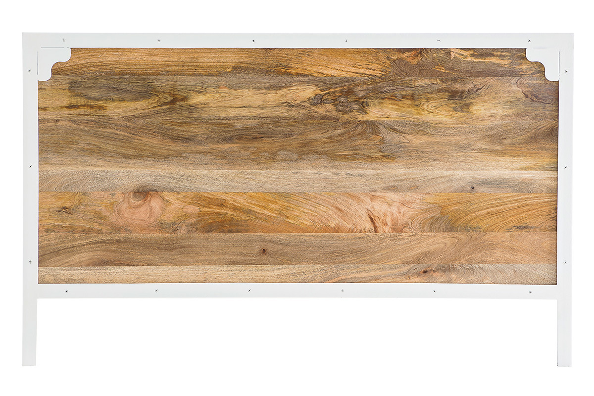 T�te de lit manguier massif et m�tal blanc 165 cm PUKKA