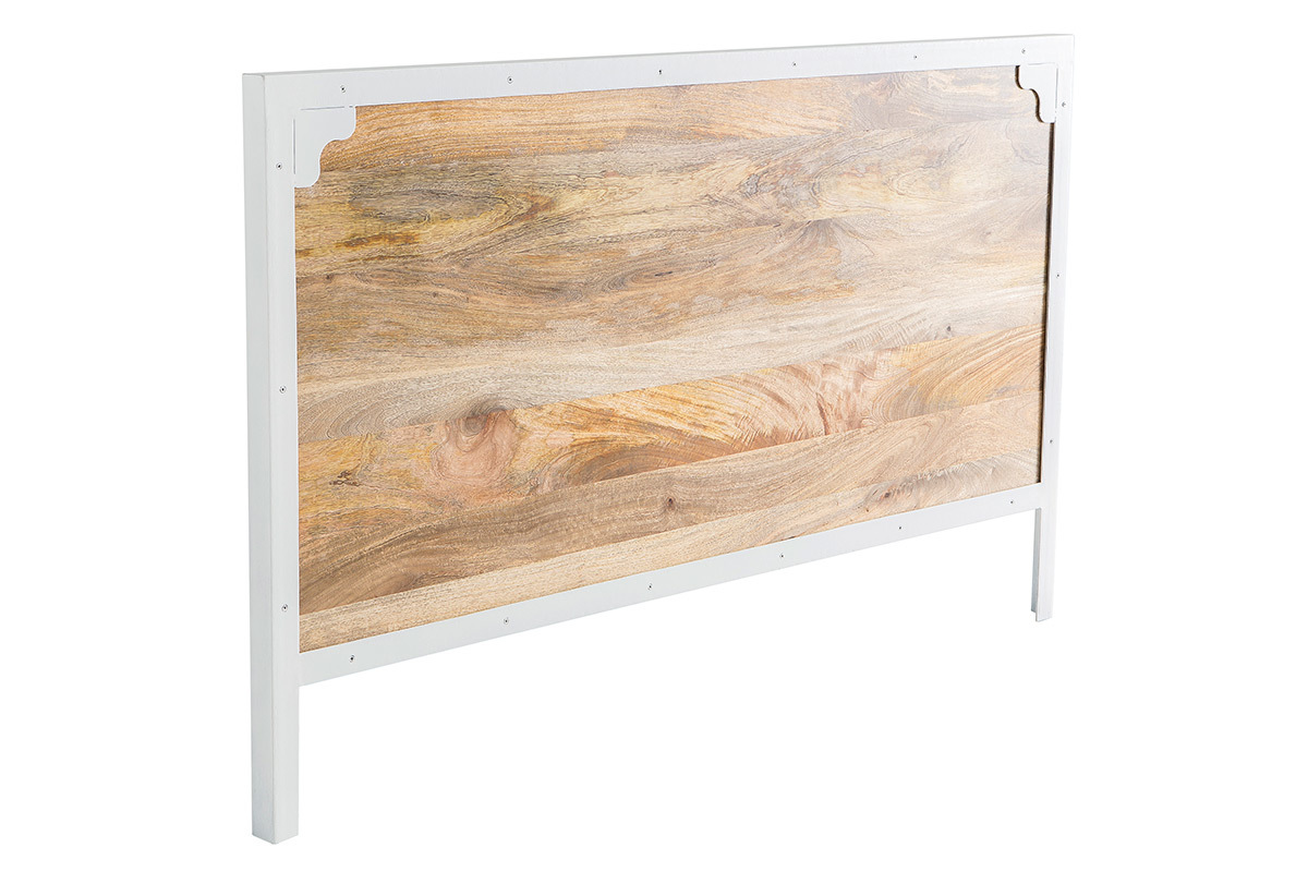 T�te de lit manguier massif et m�tal blanc 165 cm PUKKA