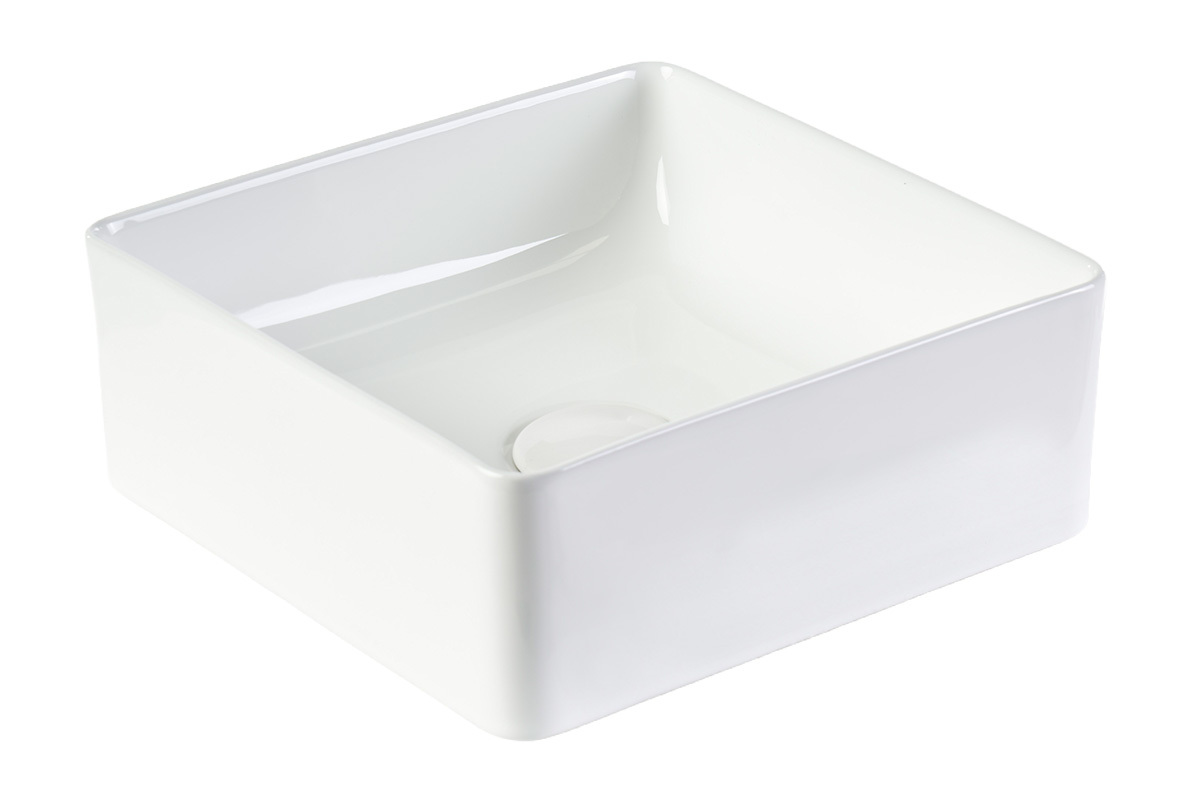 Vasque carr�e en c�ramique blanche, vue de trois quarts, dimensions L30,5 cm.