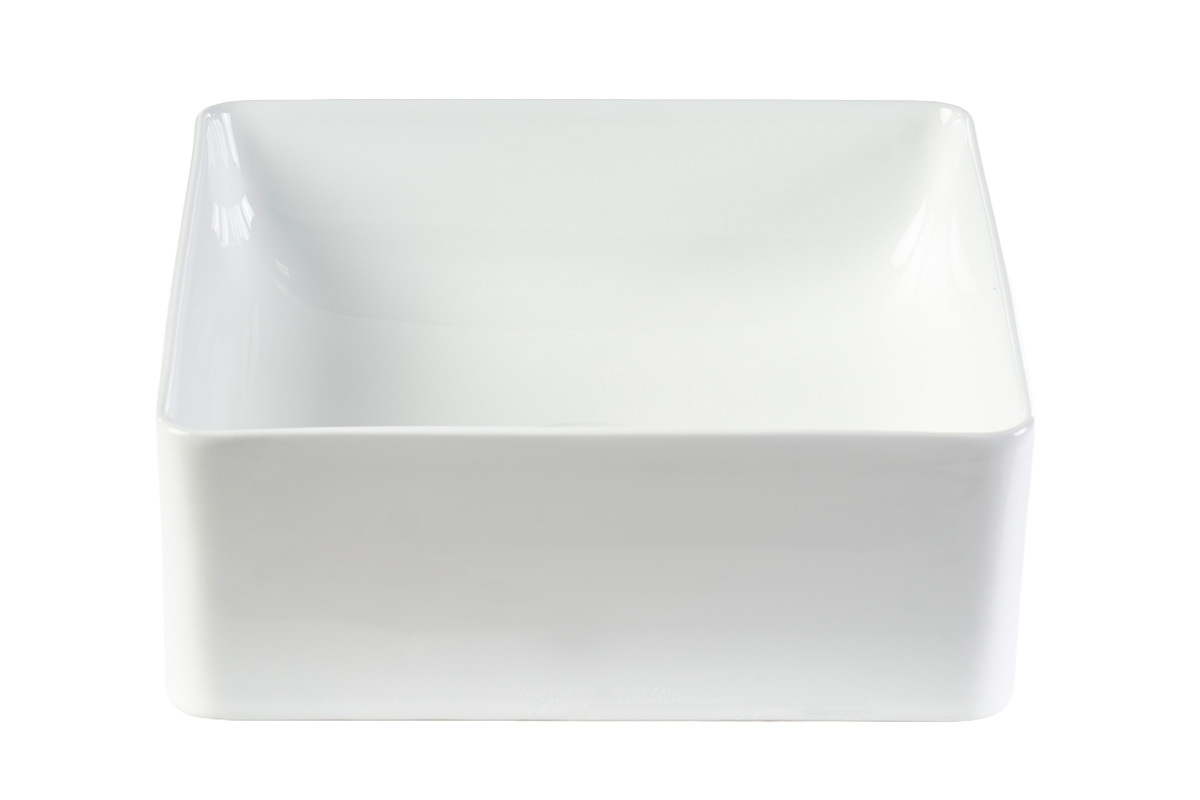 Vasque carr�e en c�ramique blanche vue de face, dimensions L30,5 x P30,5 x H12 cm.