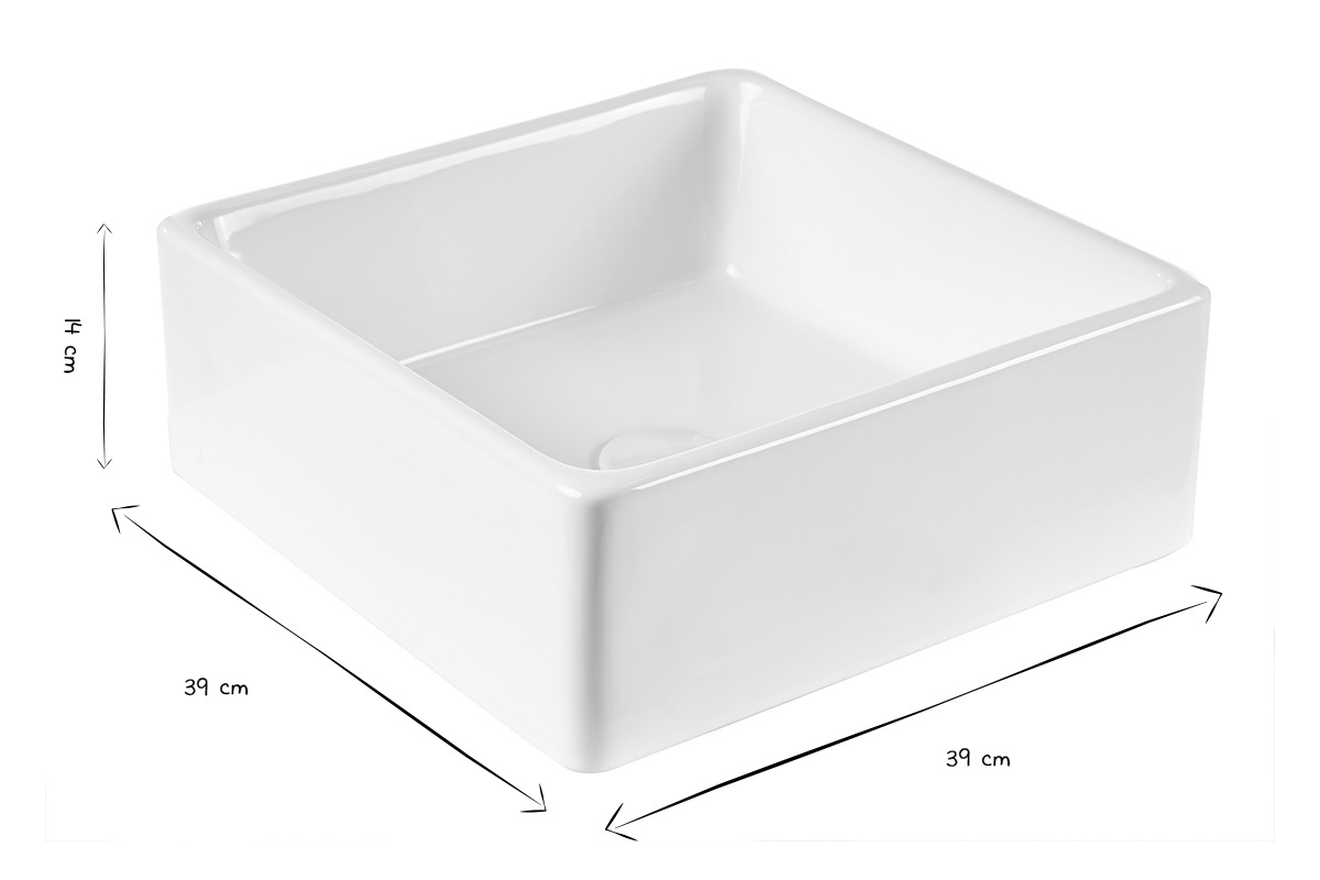 Vasque carr�e en c�ramique blanche, dimensions L39 x P39 x H14 cm, vue de dessus en noir et blanc.
