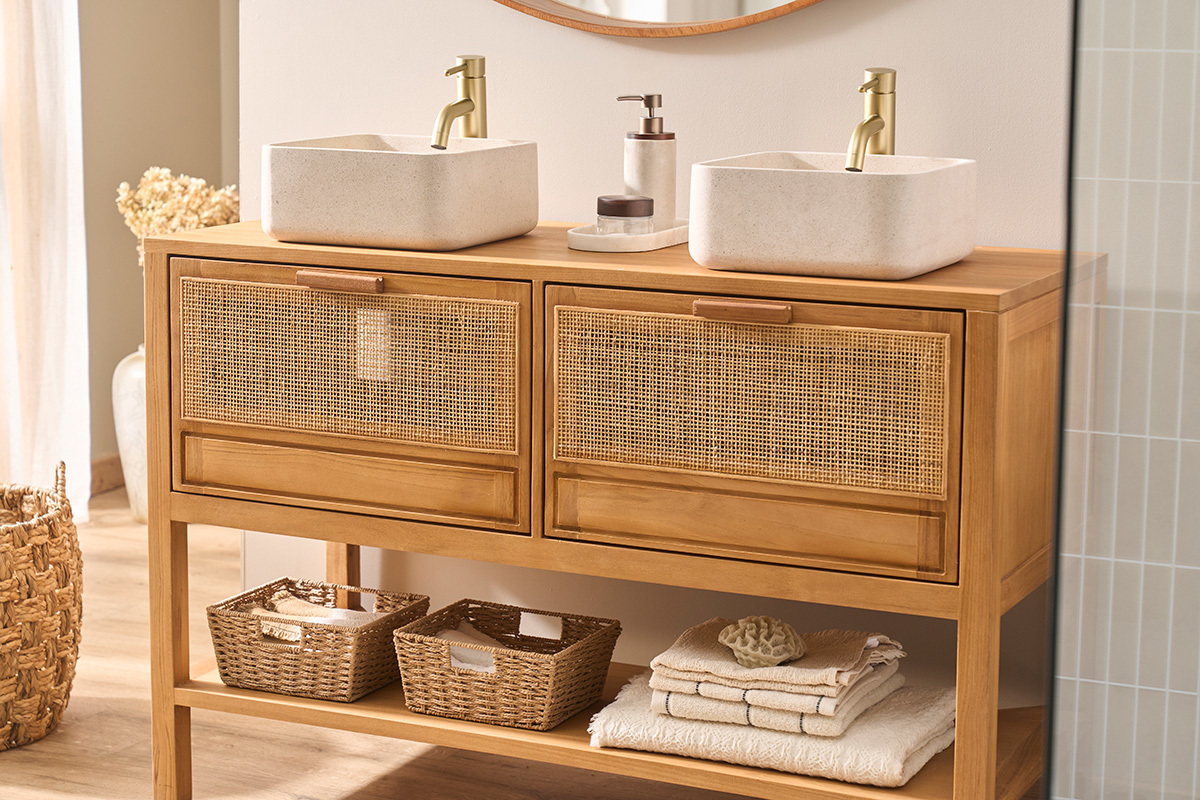 Vasque carr�e en pierre naturelle beige L30 cm FENG