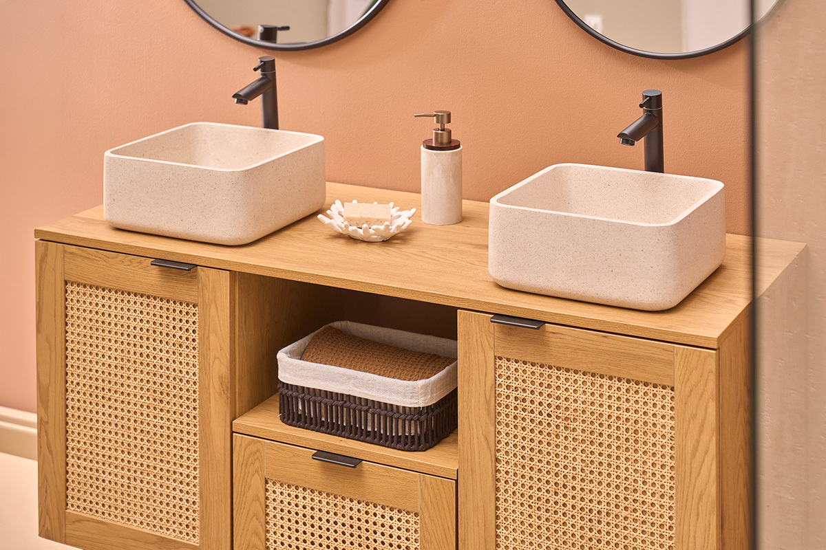 Vasque carr�e en pierre naturelle beige L30 cm FENG