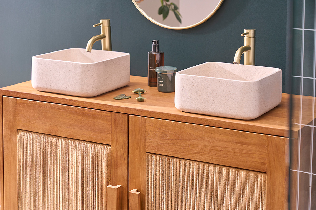 Vasque carr�e en pierre naturelle beige L30 cm FENG