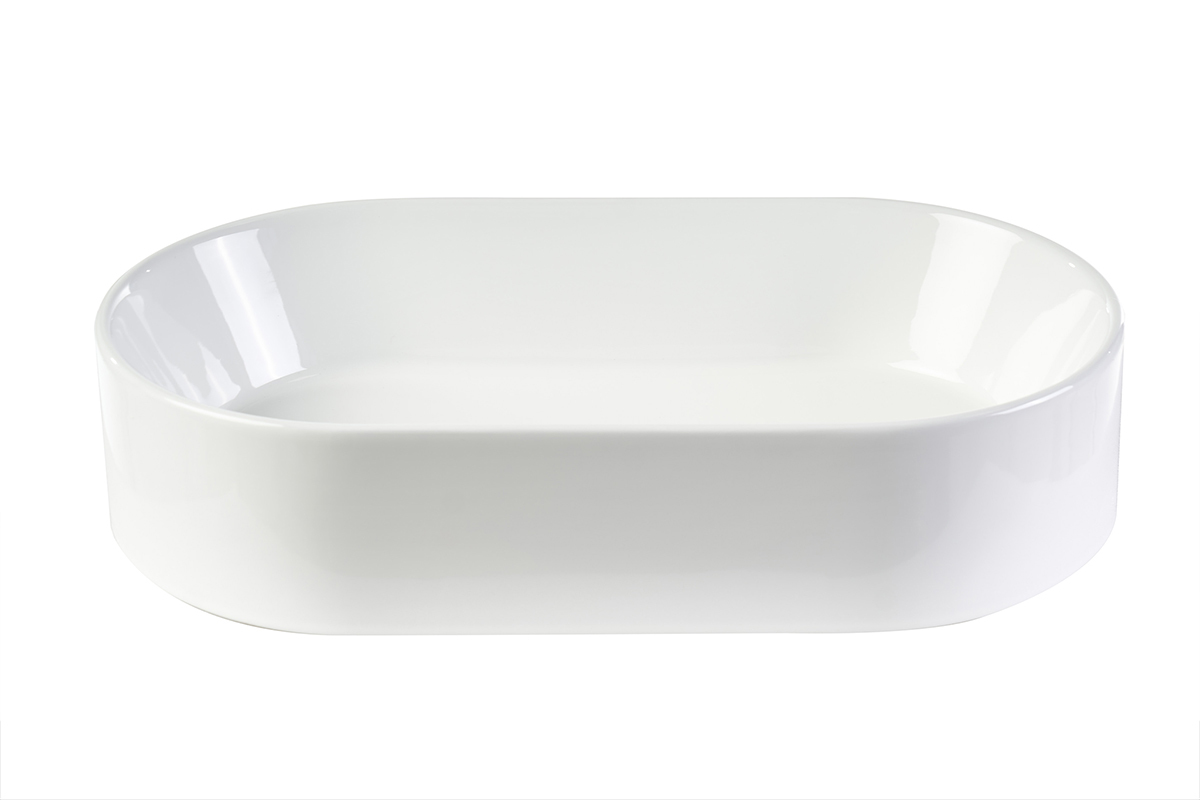 Vasque ovale en c�ramique blanche L52,5 cm YARA, vue de face, finition brillante.