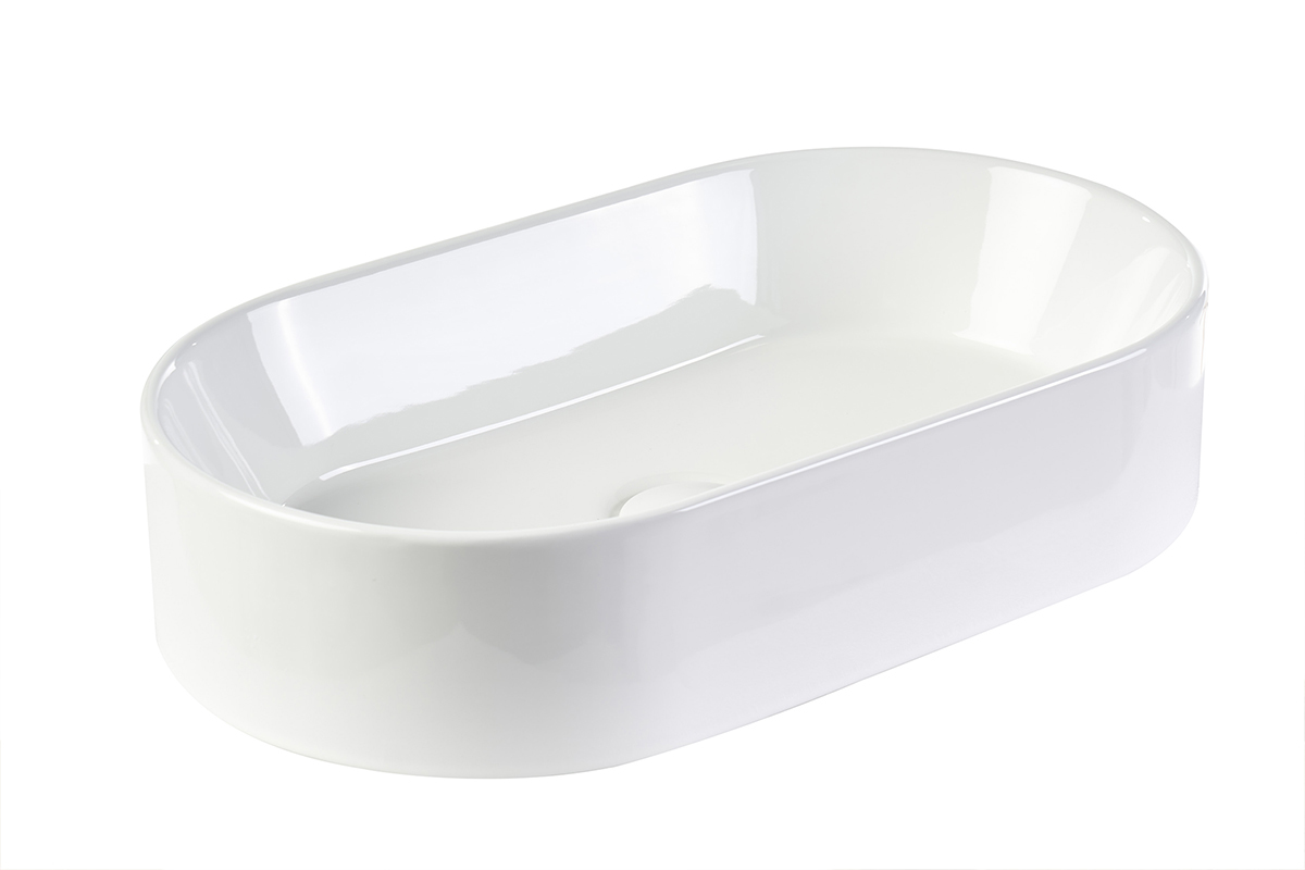 Vasque ovale en c�ramique blanche L52.5 cm, vue de 3/4, finition brillante.