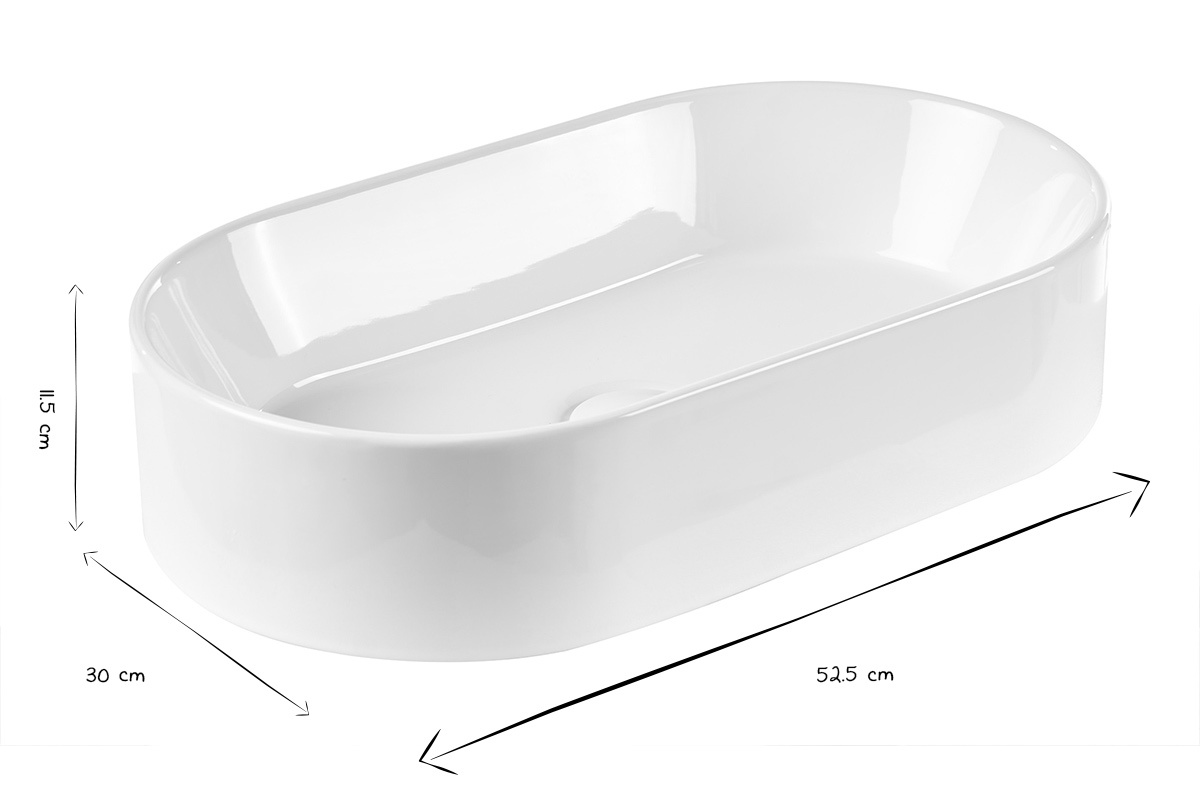 Vasque ovale en c�ramique blanche avec dimensions en noir et blanc : L52,5 cm, P30 cm, H11,5 cm.